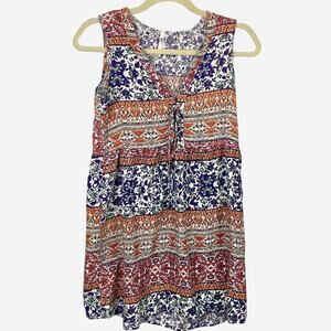 Colorful Paisley Border Print Lace-Up Mini Dress Womens US S/UK 8 Festival Boho